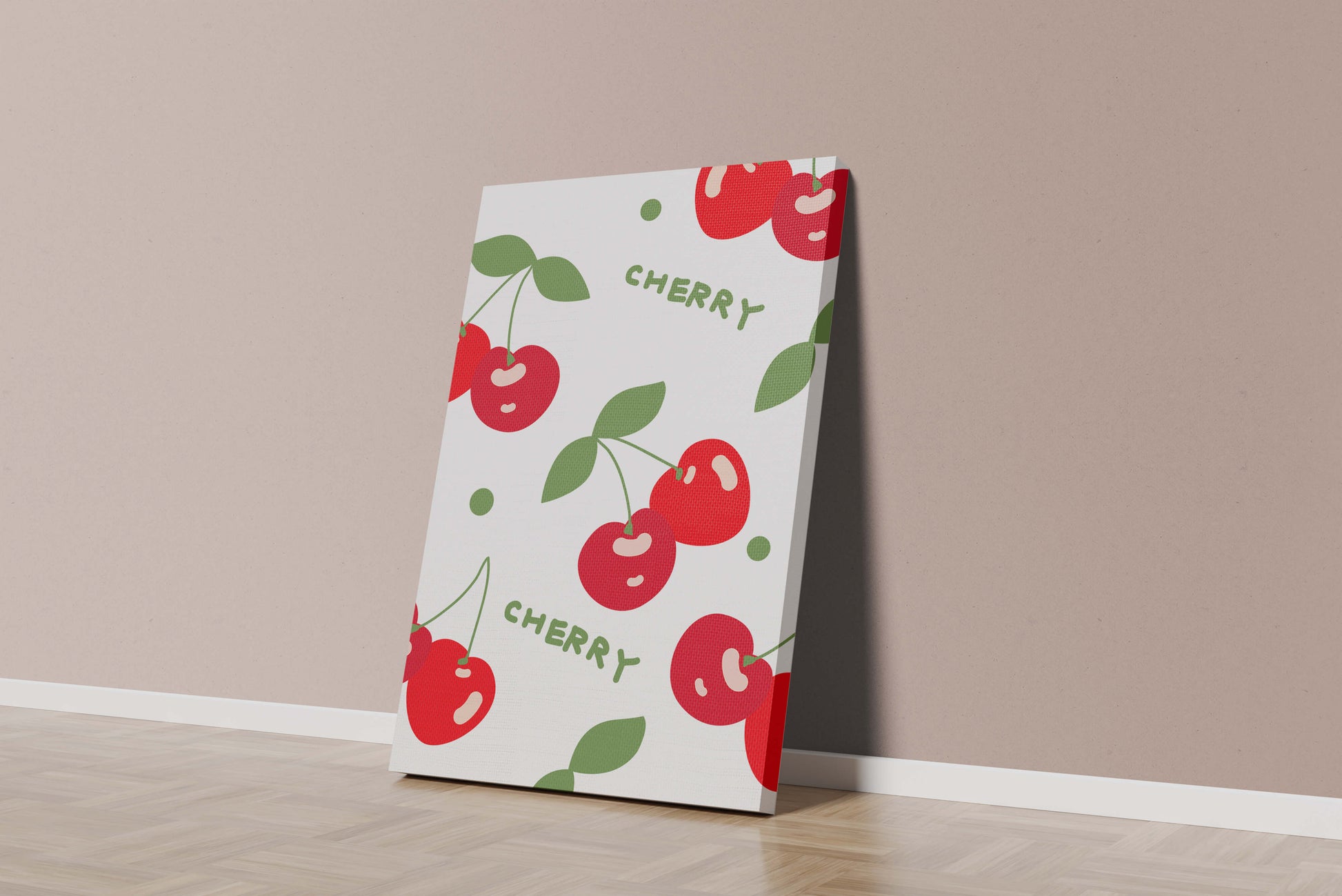 Cherry pattern on black background with green leaves