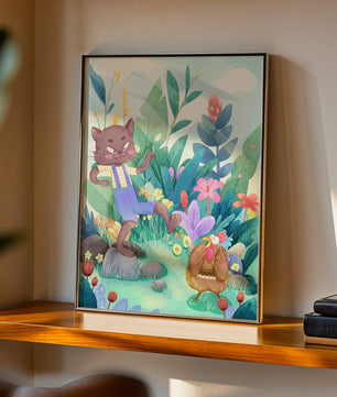 Playful Cat and Chicken in Vibrant Forest Scene Illustration