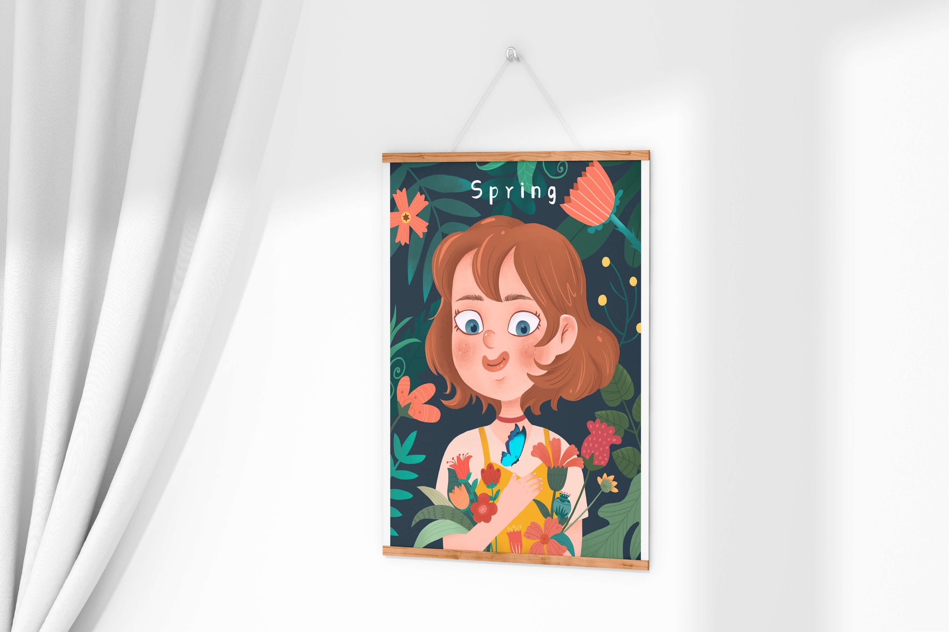 Ilustración primaveral encantadora con flores y mariposa