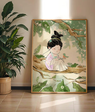 Serene illustration of a girl with a bird in a tree
