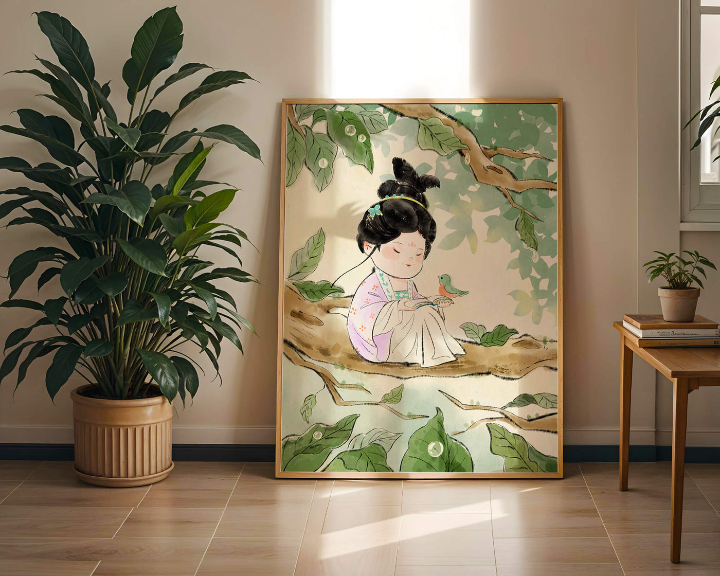 Serene illustration of a girl with a bird in a tree