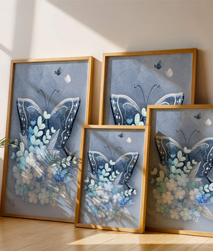 Elegant butterfly with blue floral arrangement artwork
