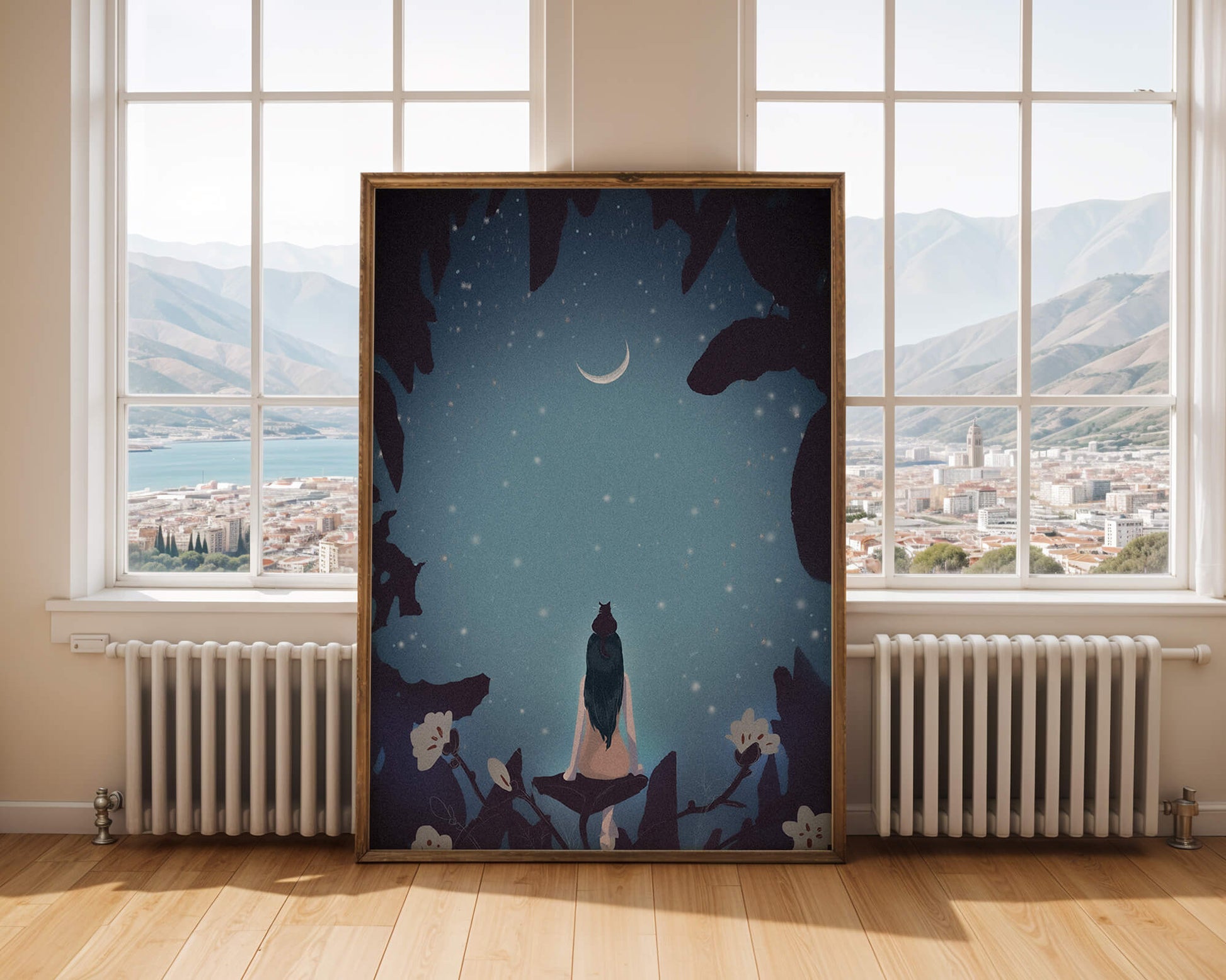Mujer con gato bajo el cielo estrellado nocturno rodeada de elementos florales