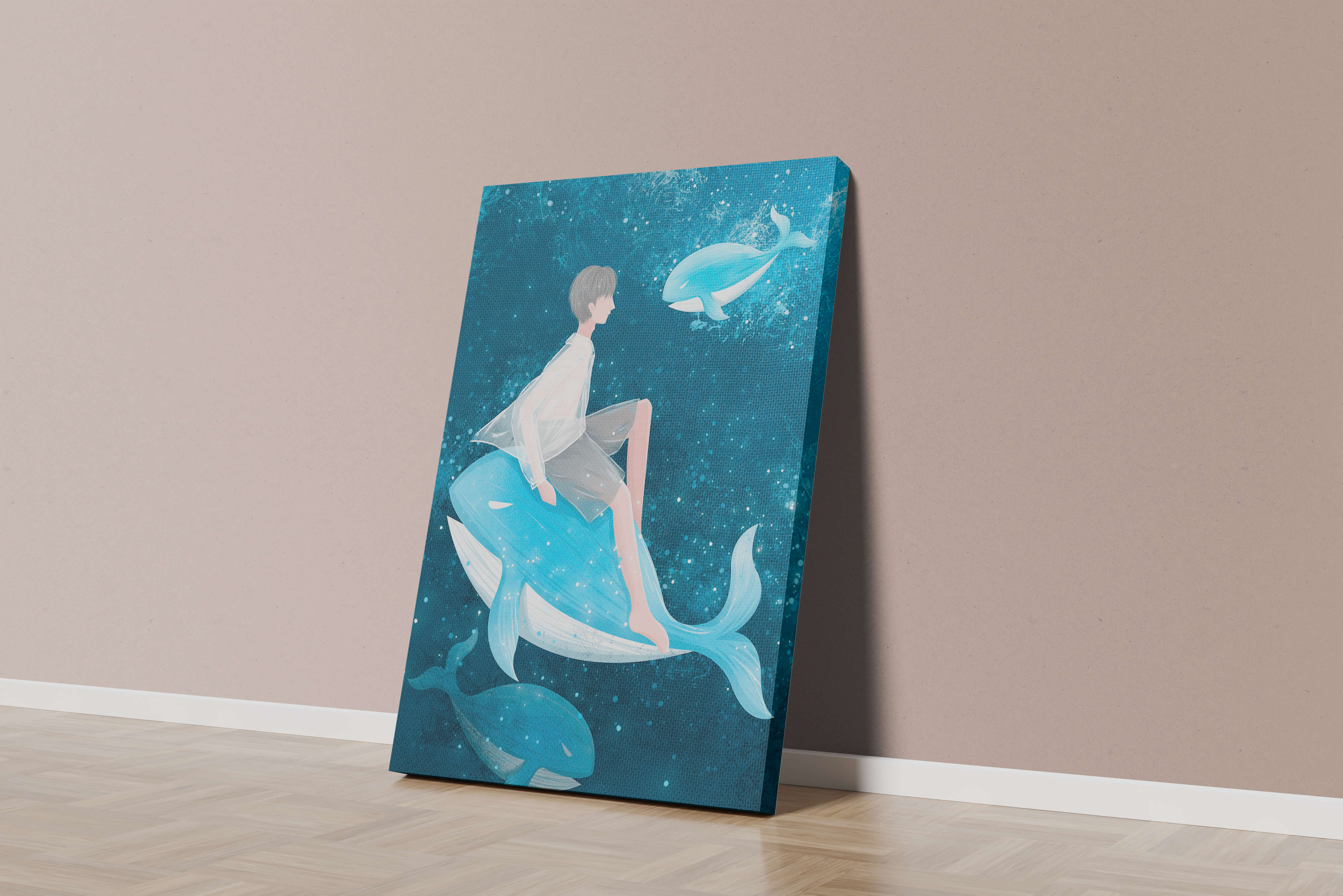 Fantasy illustration of person on blue whale in underwater scene
