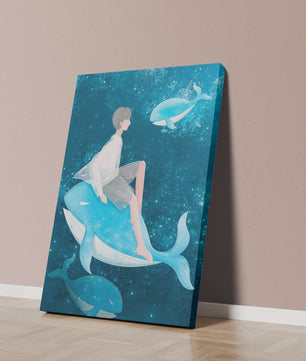 Illustration fantastique d'une personne sur une baleine bleue dans une scène sous-marine