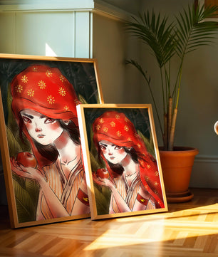 Illustration d'une fille en capuchon rouge tenant une pomme dans une forêt