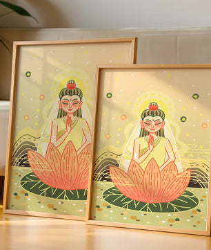 Heitere Illustration einer meditativen Figur auf einem Lotus mit himmlischem Hintergrund
