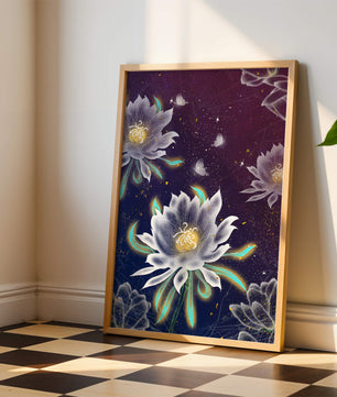 Lotus Flowers and Butterflies in a Starry Night Sky with Gold Accents - Mi tienda