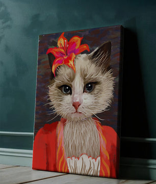 Retrato de gato con acentos de flores vibrantes y atuendo colorido