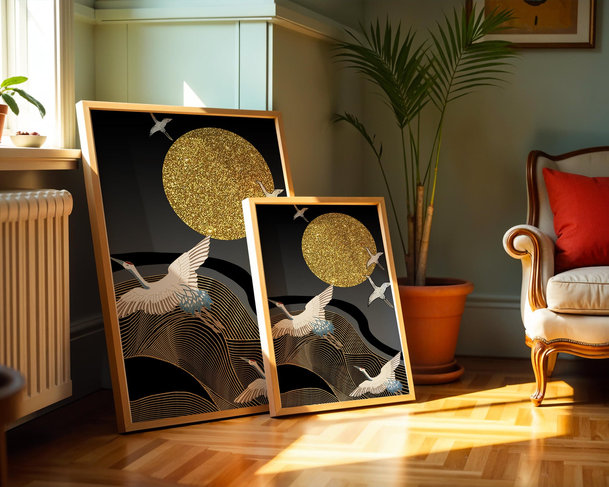 Elegant Cranes Soaring under a Golden Sun