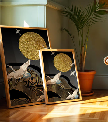 Elegant Cranes Soaring under a Golden Sun