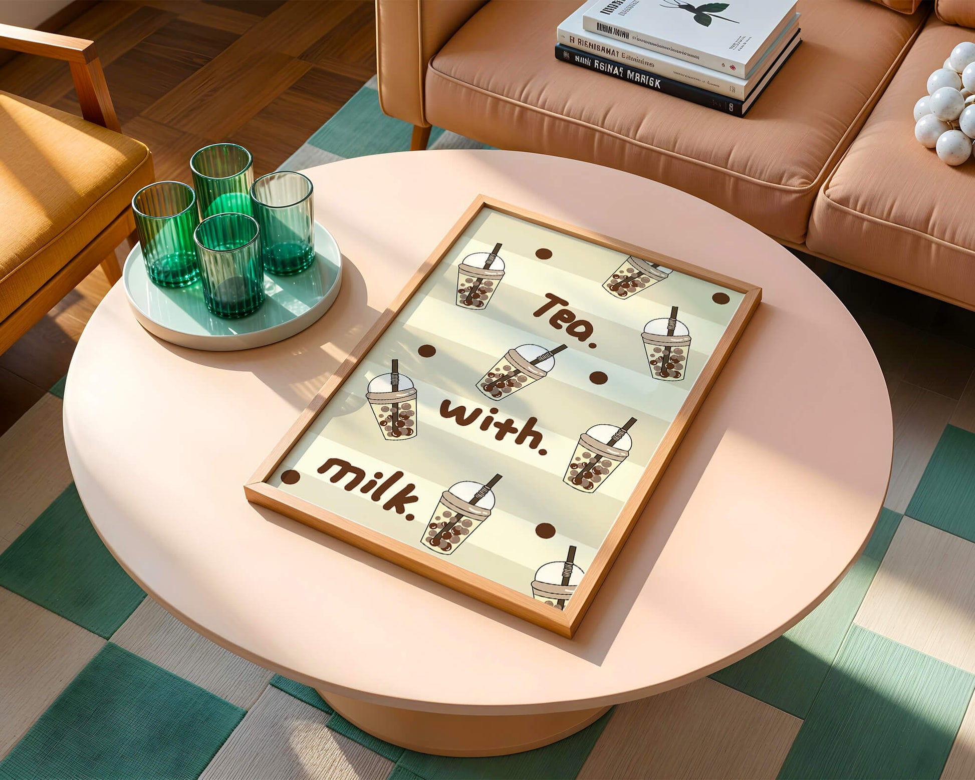 Boba tea pattern with text and bubble illustrations