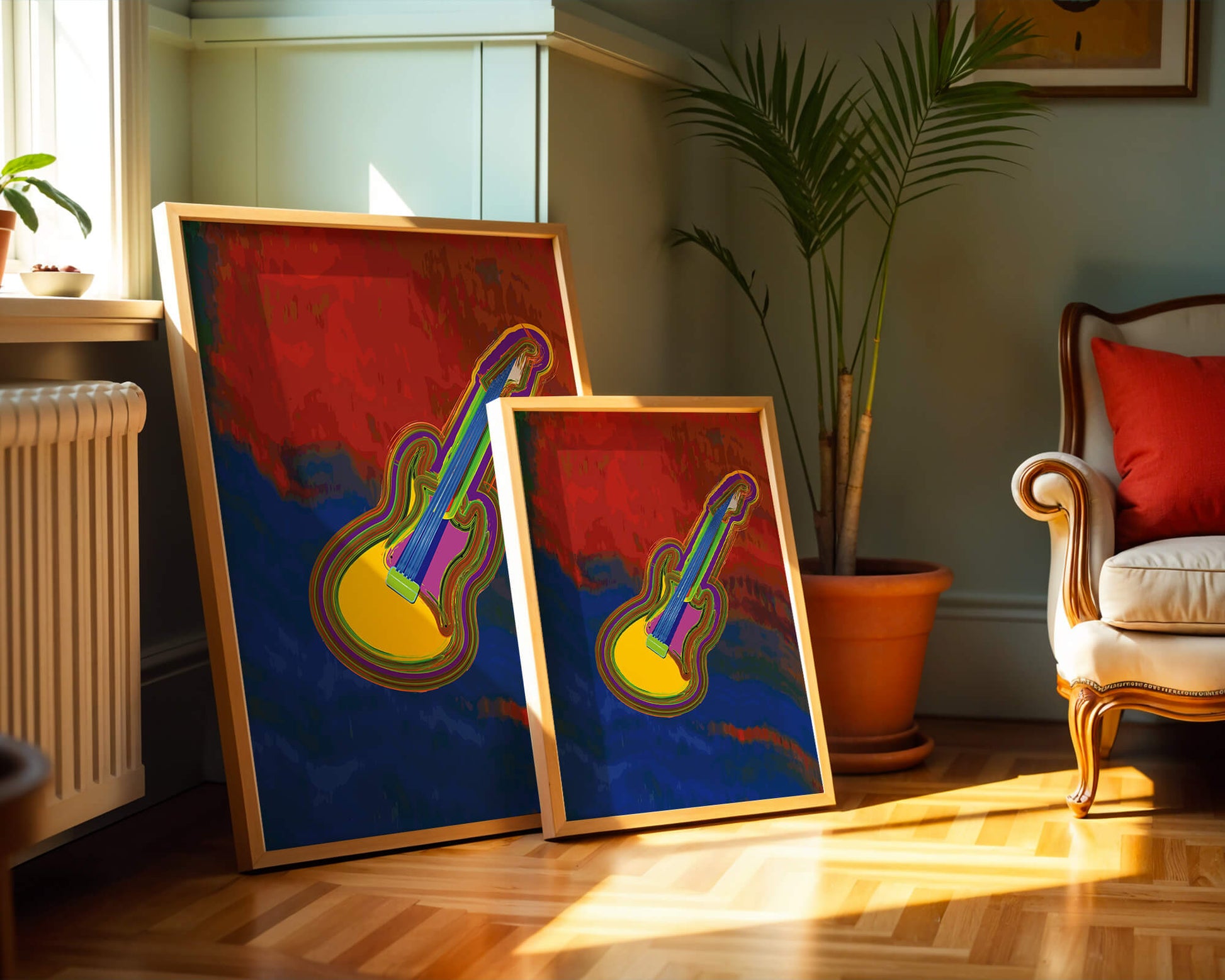 Vibrant abstract guitar illustration with bold colors