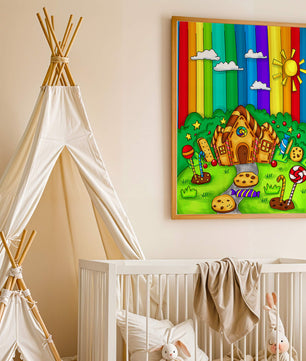 Whimsical candy house in a vibrant rainbow landscape