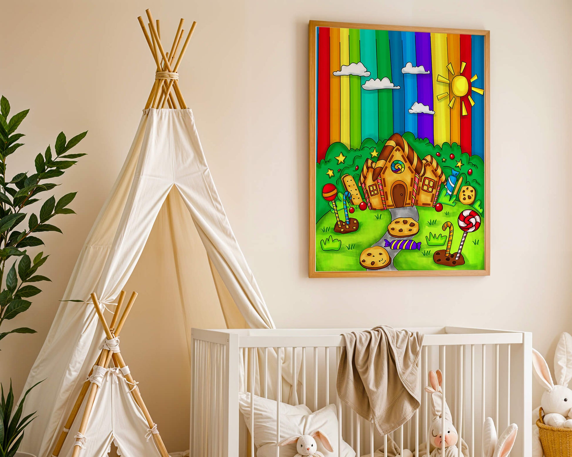 Whimsical candy house in a vibrant rainbow landscape