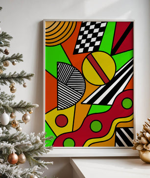 Vibrant geometric abstract artwork with bold colors and shapes