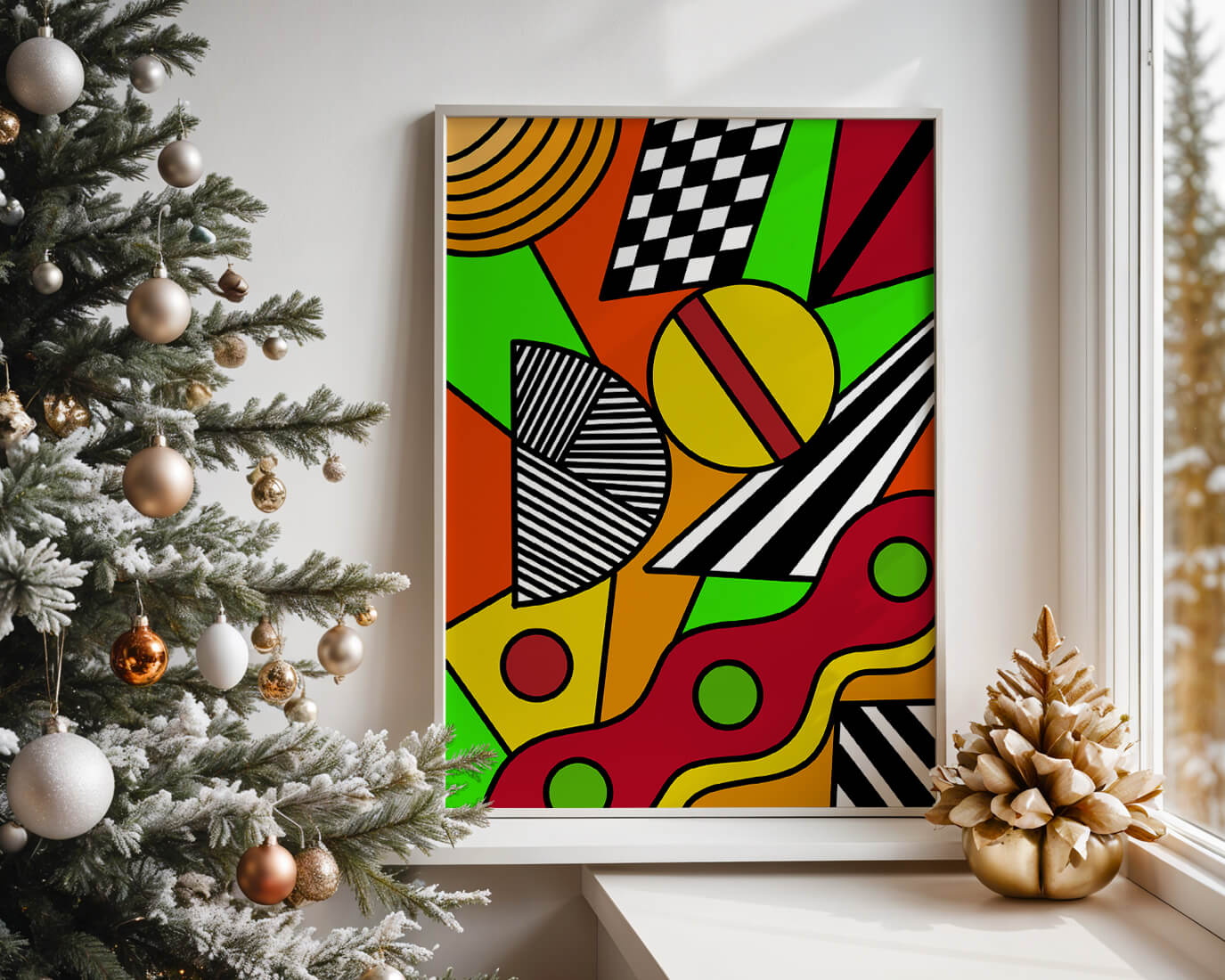 Vibrant geometric abstract artwork with bold colors and shapes