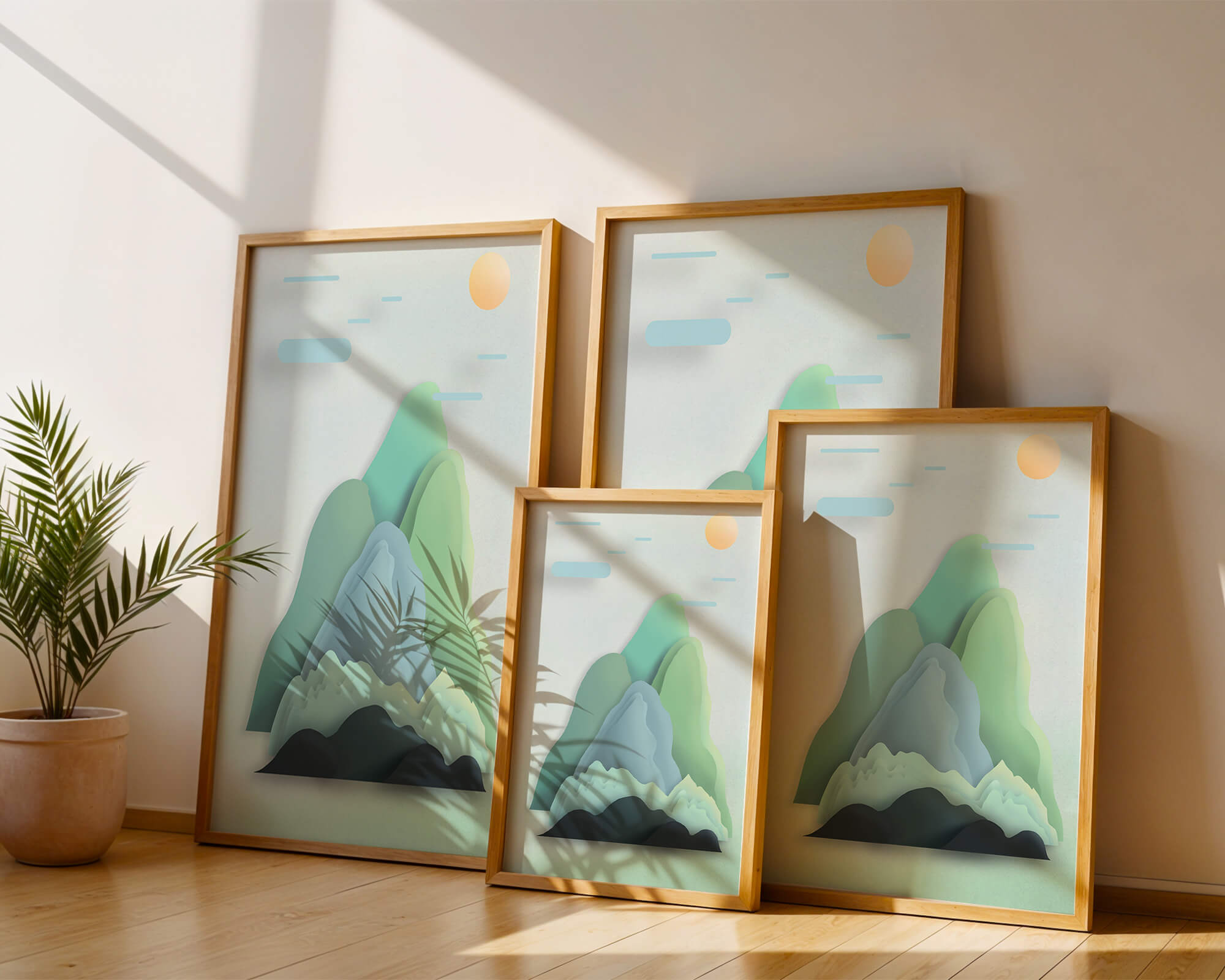 Minimalistic mountain landscape with vibrant colors and abstract layers