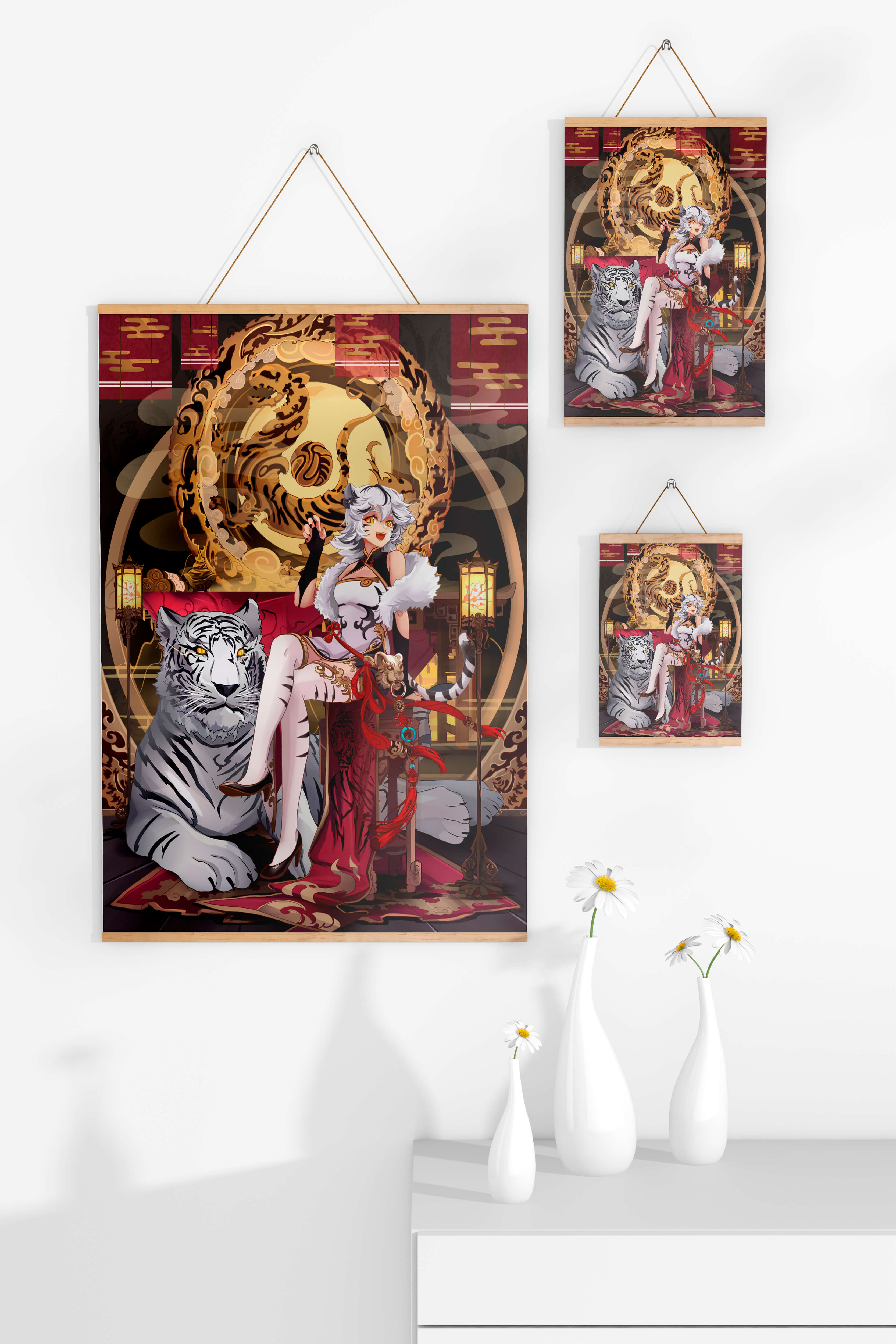 Elegant fantasy character with mystical tiger and ornate decor