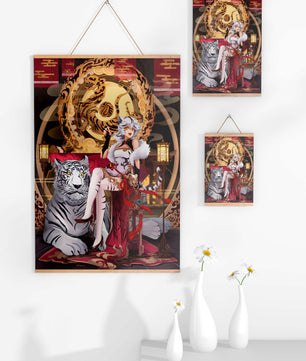 Elegant fantasy character with mystical tiger and ornate decor