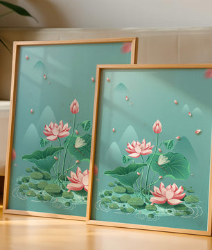 Illustration sereine de fleurs de lotus dans un étang paisible avec des montagnes