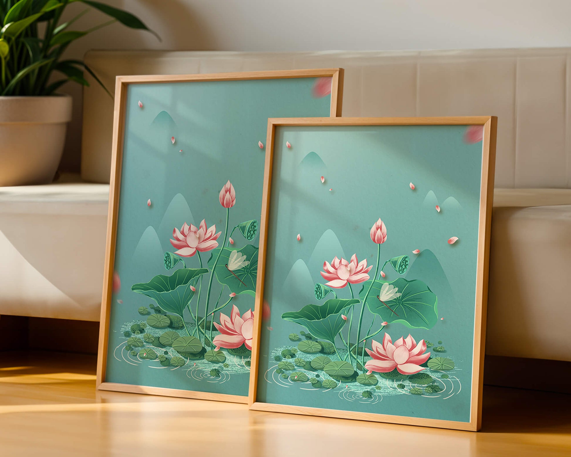 Serene illustration of lotus flowers in a tranquil pond setting with mountains