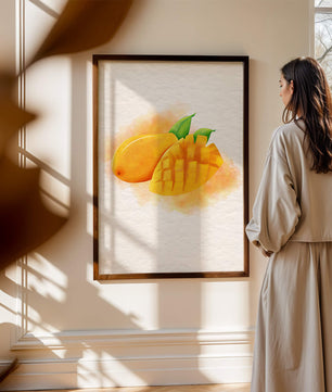 Watercolor depiction of a ripe mango with leaves on textured background
