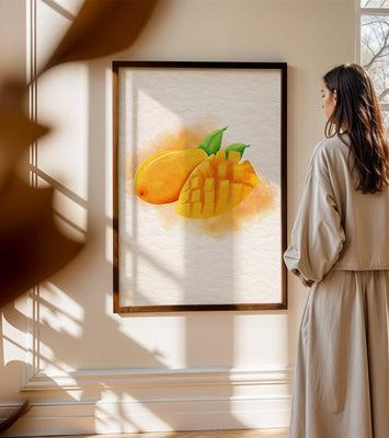 Watercolor depiction of a ripe mango with leaves on textured background