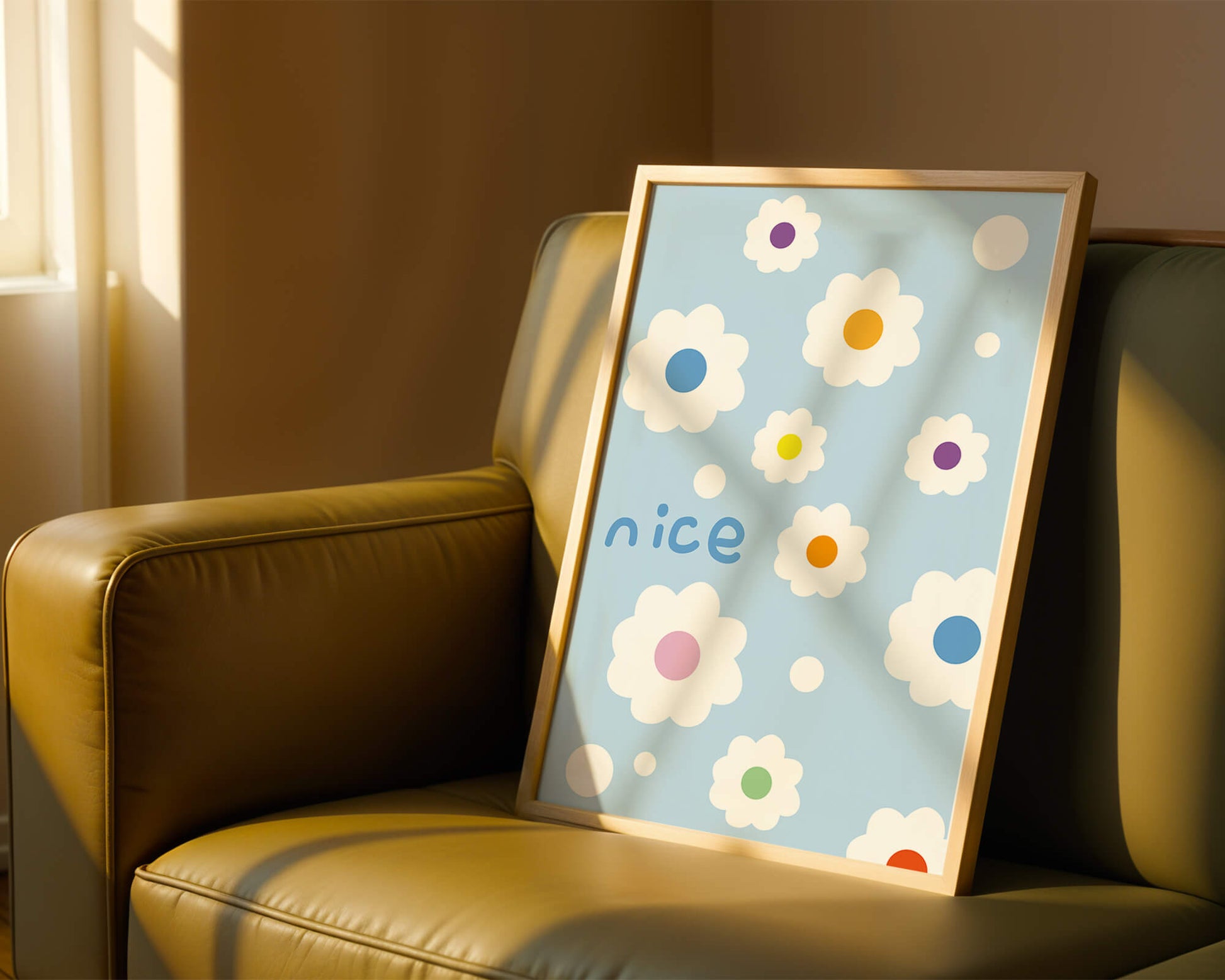 Pastel floral pattern with colorful centers on a blue background