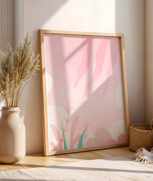 Diseño floral abstracto en rosa suave con hojas estilizadas y ondas