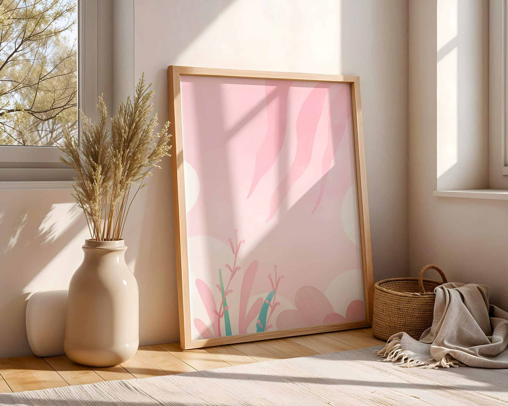 Soft Pink Abstract Floral Design with Stylized Leaves and Waves