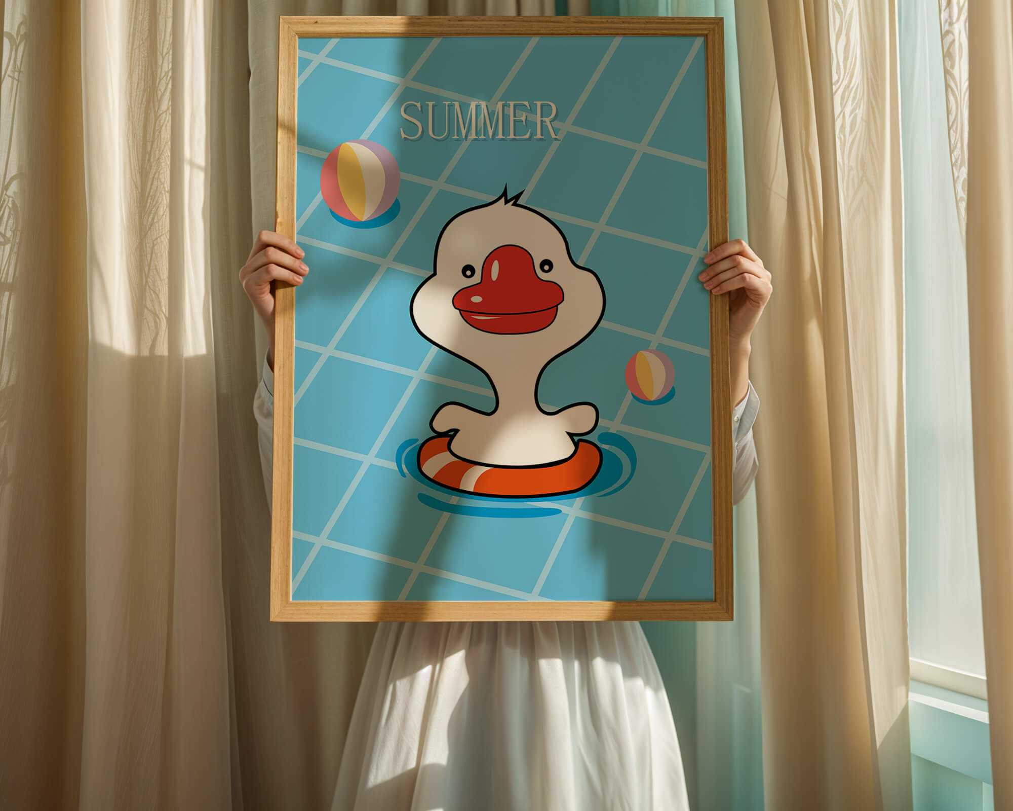 Cartoon duck swimming in a pool with summer beach elements
