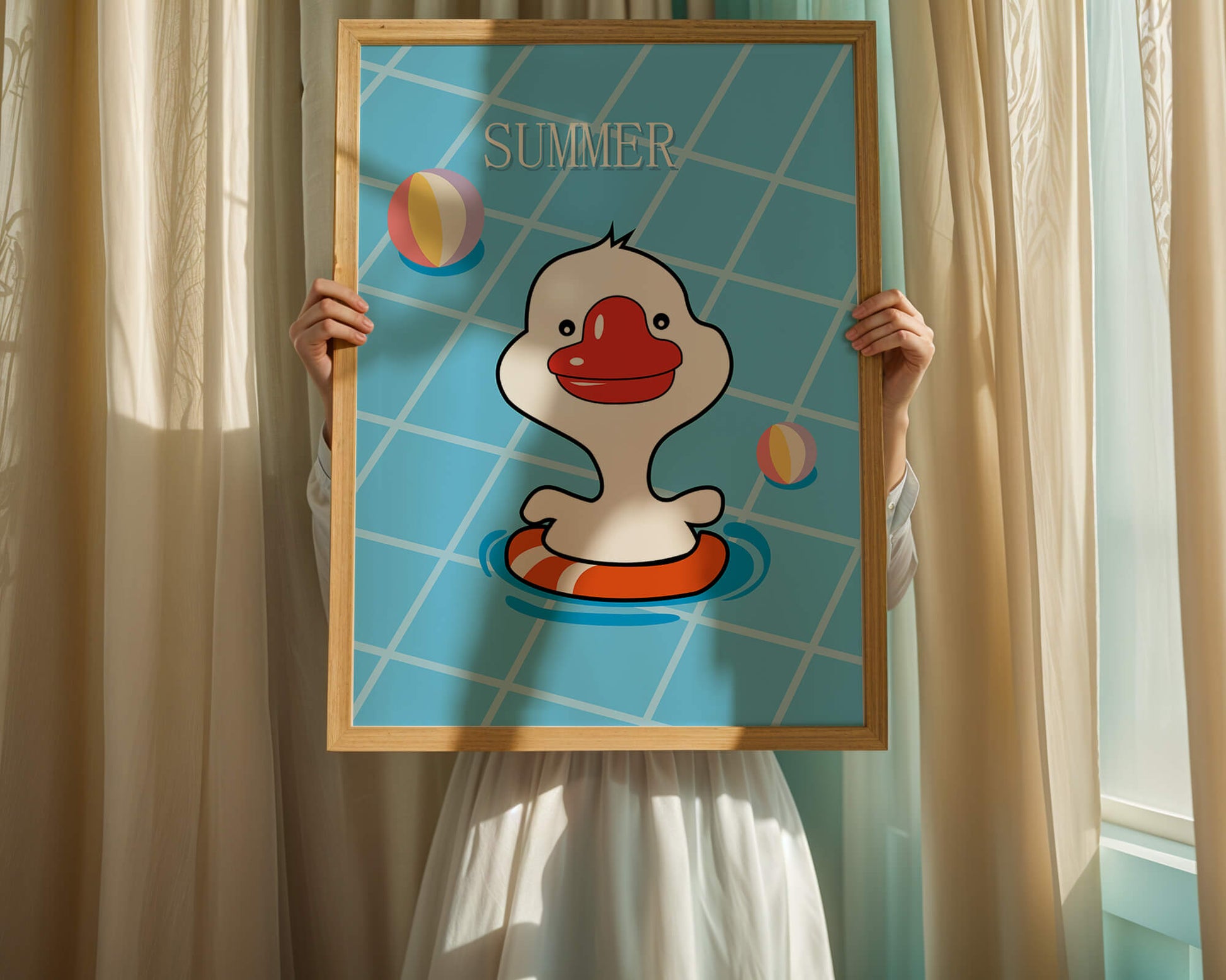 Cartoon duck swimming in a pool with summer beach elements