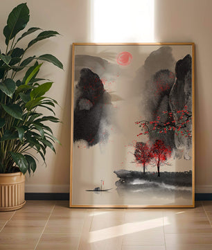 Serene landscape with red foliage and misty mountains