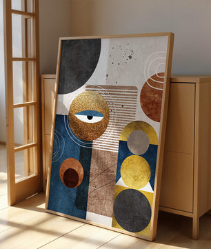 Obra de arte geométrica abstracta con elementos dorados y azules
