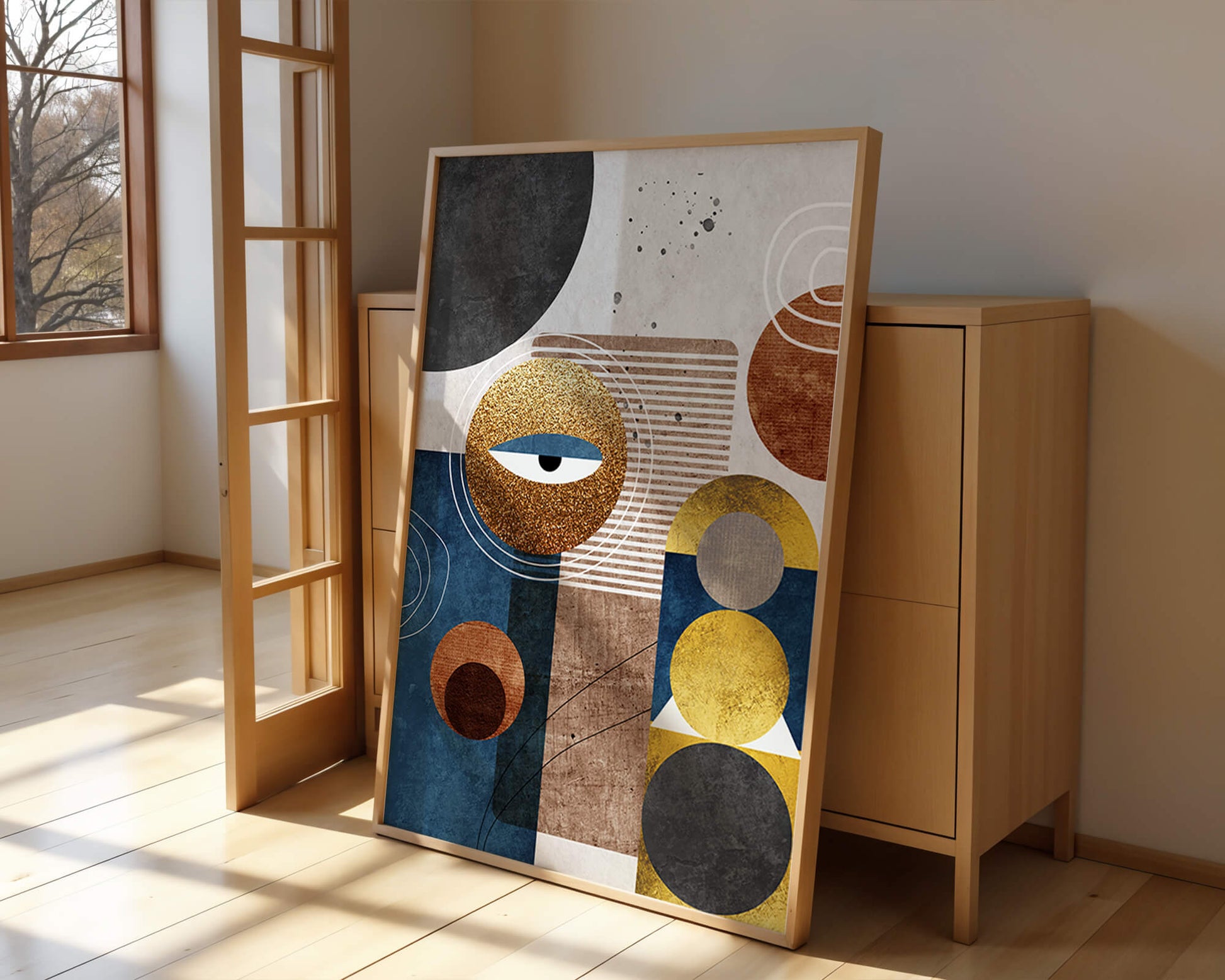 Abstract geometric artwork with gold and blue elements