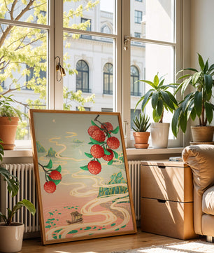 Idyllic Landscape with Lush Lychee Branches and Serene Waterscape