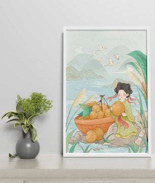 Paisaje sereno con una chica y una cesta de naranjas junto al agua