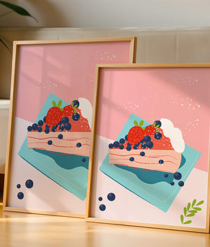 Bunte Dessertillustration mit Erdbeeren und Blaubeeren auf pastellfarbenem Hintergrund