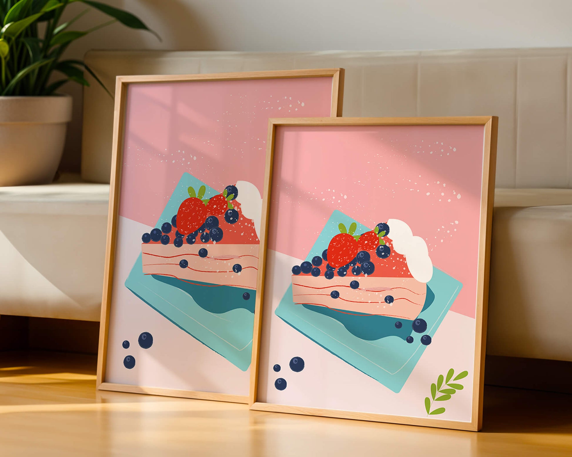 Bunte Dessertillustration mit Erdbeeren und Blaubeeren auf pastellfarbenem Hintergrund