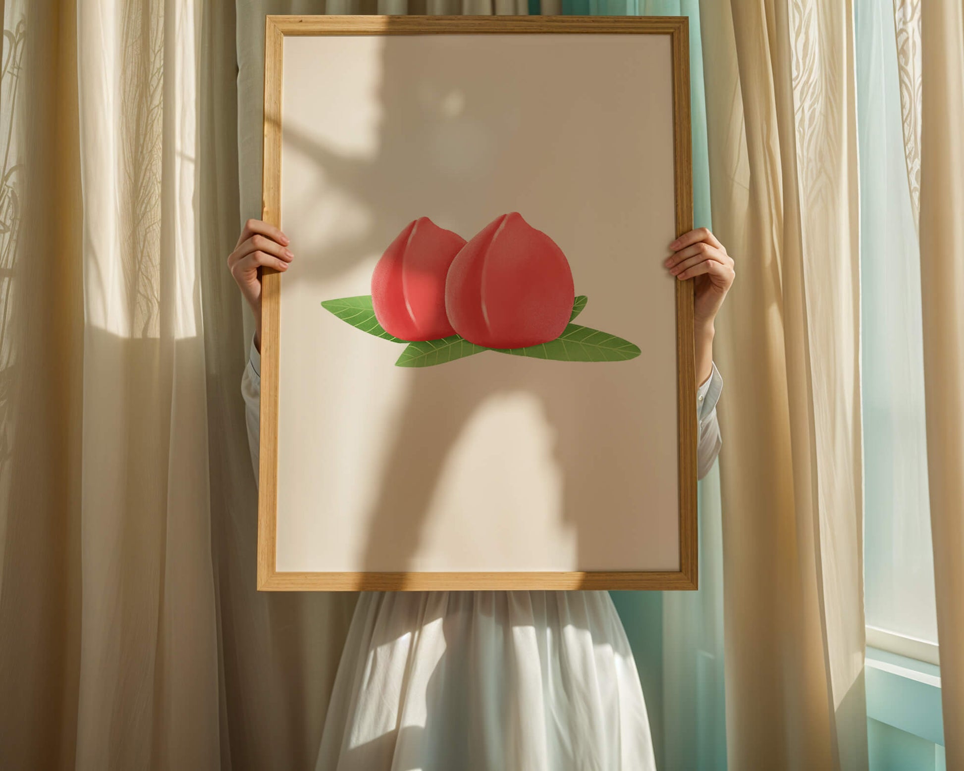 Realistic illustration of juicy peaches with green leaves