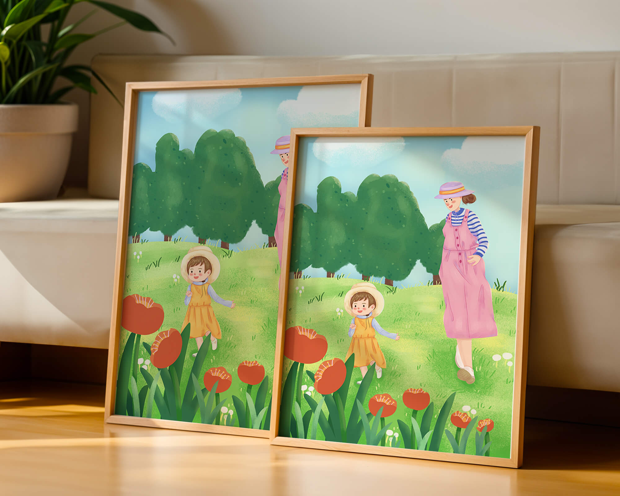 Mother and child in a floral garden under clear skies