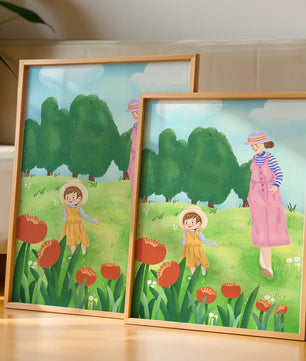 Mother and child in a floral garden under clear skies