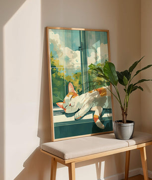 Peaceful Cat Napping by the Window with Sunlit Garden View - Mi tienda