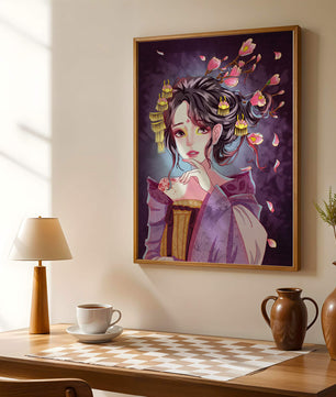 Retrato de anime elegante con acentos florales y dorados
