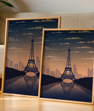 Vista escénica de la Torre Eiffel al anochecer con reflejo del horizonte urbano