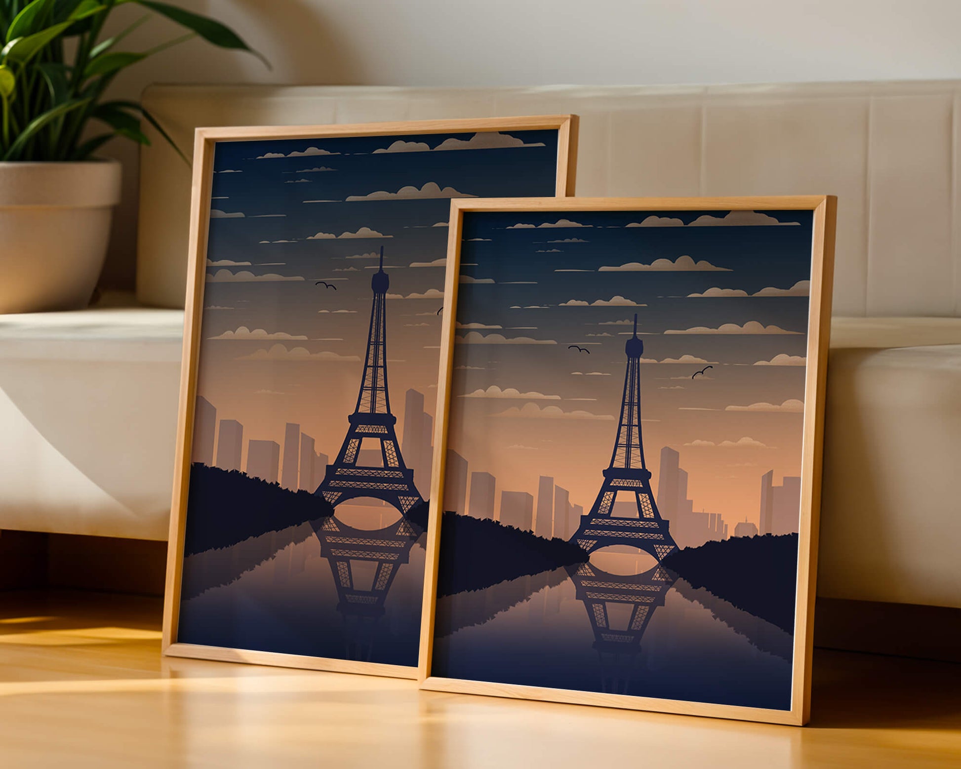 Scenic view of the Eiffel Tower at dusk with city skyline reflection