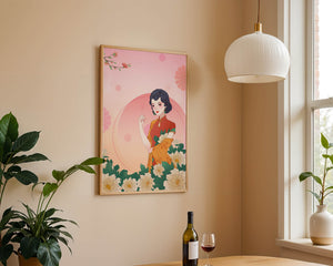 Elegant Woman in Traditional Asian Dress with Floral Background - Mi tienda