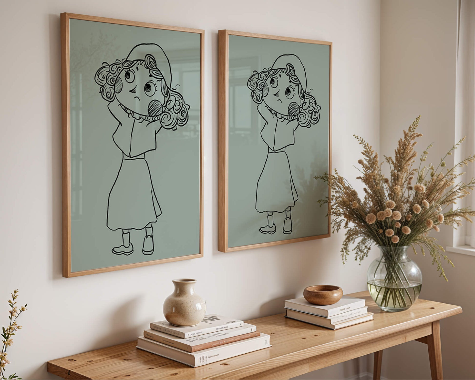 Ilustración a mano de un personaje de dibujos animados pensativo con cabello rizado y gorro