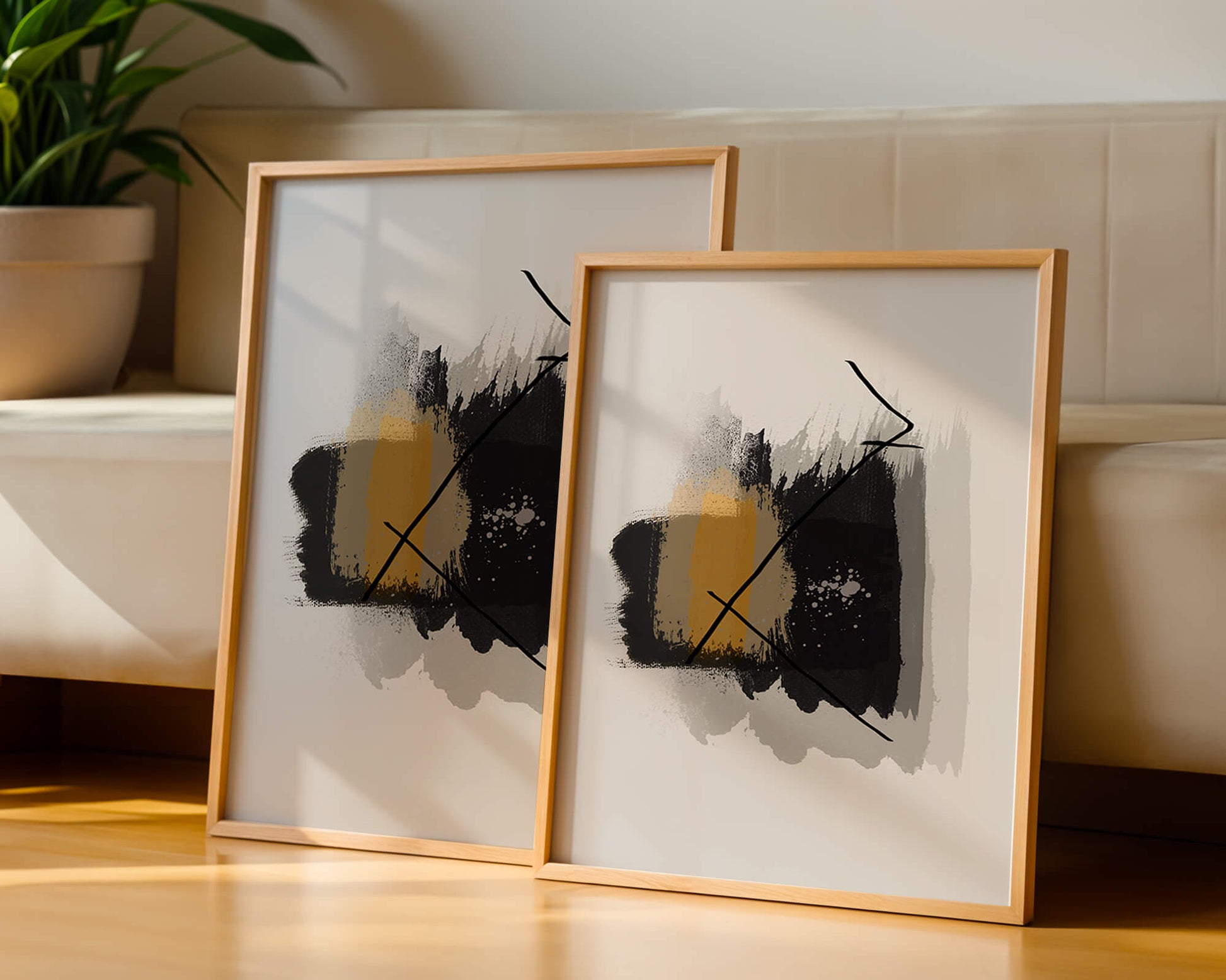 Abstract modern art with golden and black brush strokes